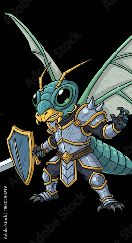 Fantasy insect warrior with armor holding shield and sword.