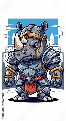 Mighty Rhinoceros Knight in Full Battle Armor Standing Tall.