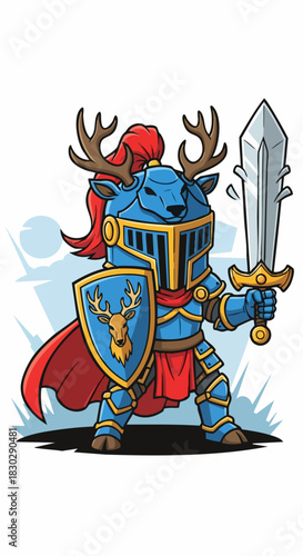 Cartoon Deer Knight in Blue Armor with Sword and Shield.
