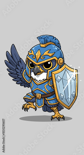 Brave armored bird warrior with shield and helmet ready for battle.