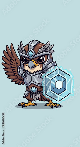 Cute Cartoon Owl Warrior Character with Armor and Shield Illustration.