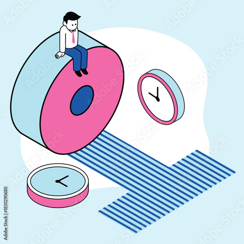 Overtime, officers working in business employ concept flat design, isometric illustration