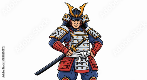 Cartoon Samurai Warrior in Traditional Armor with Katana Sword.
