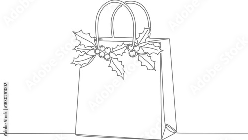 Christmas shopping bag holiday gift present holly berries line art minimal