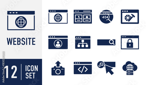 Website icons set. Website and internet technology, featuring browser, development, security, search, user, 404, and cloud services Vector. Solid icon collection