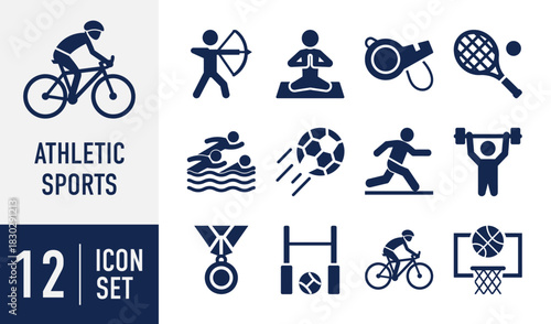 Athletic Sports icons set. showcasing cycling, archery, yoga, swimming, soccer, running, weightlifting, tennis, and basketball elements. Vector. Solid icon collection