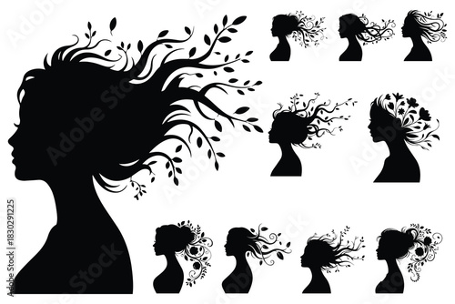 Black silhouette profiles of women with hair styled as branches leaves and flowers