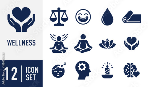 Wellness icons set. health concept vector icons representing mindfulness, self-care, mental peace, physical balance, and emotional well-being elements. Vector. Solid icon collection
