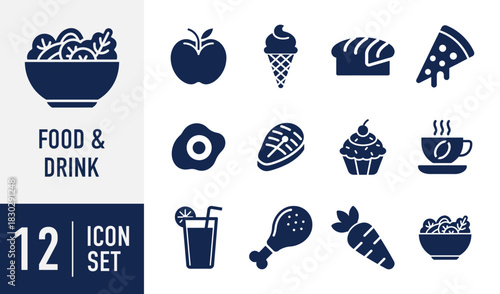 Food and Drink icon set. with salad, apple, ice cream, bread, pizza, egg, steak, cupcake, coffee, juice, chicken, carrot symbols Vector. Solid icon collection