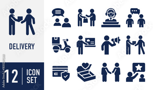Delivery and Customer service icons set. illustrating e-commerce, customer service, communication, and transaction operations Vector. Solid icon collection
