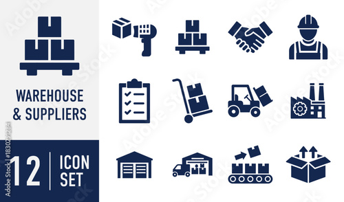 Warehouse and Suppliers icons set. chain management flat vector icon set featuring logistics, delivery, storage, factory, and worker. Vector. Solid icon collection