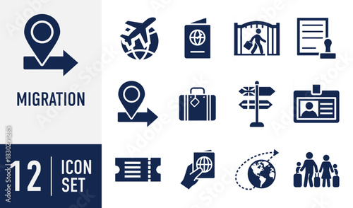 Migration icons set. featuring passports, airplanes, luggage, and global movement for immigration concepts Vector. Solid icon collection