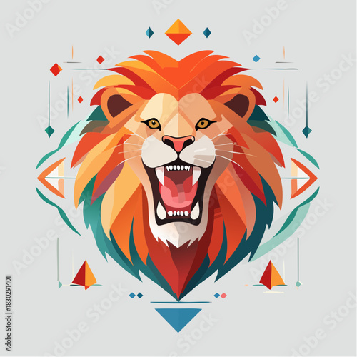 Geometric Lion Head with Open Mouth and Colorful Mane Illustration.