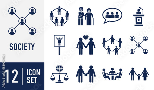 Society icons set. diverse human relationships, community, communication, justice, and collaboration illustrations Vector. Solid icon collection