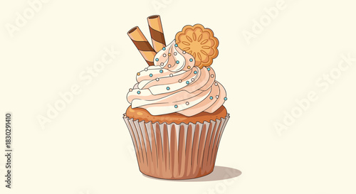 A beautifully decorated cupcake with sweet pastel pink frosting, blue sprinkles, two chocolate wafer rolls, and a round patterned cookie on a cream backdrop.