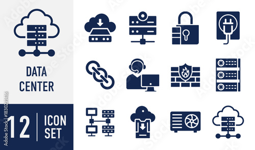 Data Center icons set. Comprehensive data center, cloud computing, showcasing network infrastructure, security, storage, and support elements. Vector. Solid icon collection
