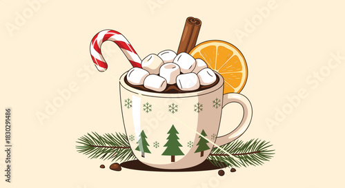 Cozy hot chocolate in a festive mug, adorned with marshmallows, candy cane, cinnamon, and an orange slice, surrounded by holiday greenery.