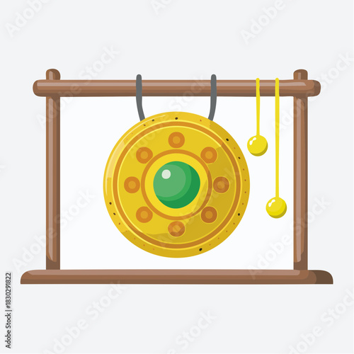 Golden Gong with Green Center Hanging on Wooden Frame.