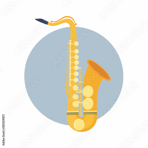 Golden Saxophone Illustration with Blue Background Circle.