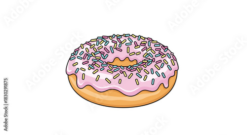 A delicious cartoon illustration of a donut with vibrant pink frosting and an abundance of colorful sprinkles, isolated on a white background.