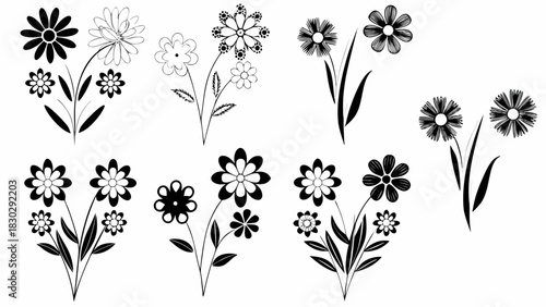 Elegant floral elements for stationery design, bold botanical accents perfect for invitations, minimalist flower icons originally as scalable vector graphics