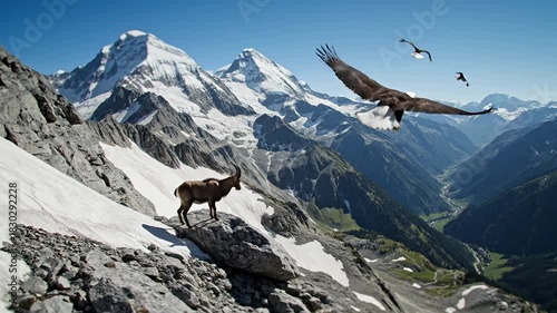 Eagle Hunting Ibex in the Alps - A Dramatic Mountain Scene.