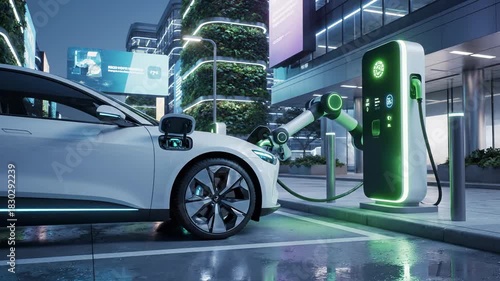 Electric Vehicle Charging at Modern Station in City.