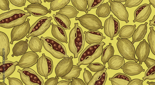 Seamless pattern of green cardamom pods, some open to show dark seeds, scattered on a vibrant yellow background, illustrated in an engraved style.