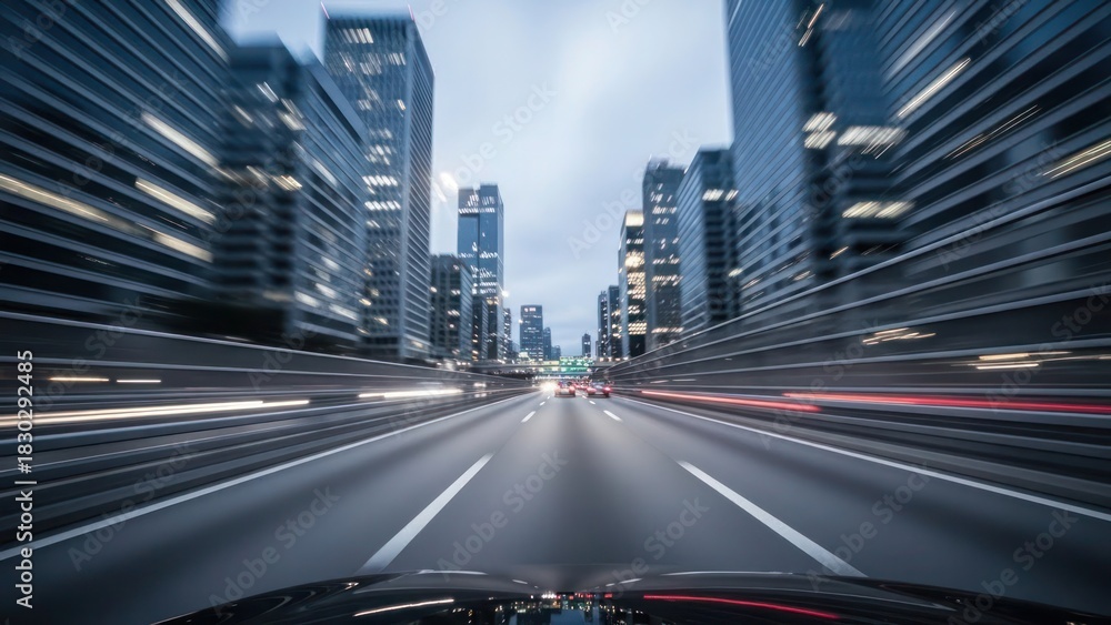 Fototapeta premium Motion blur view from a car driving through a city with skyscrapers on either side.