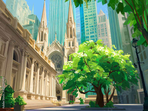 Wallpaper Mural St. Patrick's Cathedral in New York City with Modern Skyscrapers and Lush Green Tree, Urban Landscape, Architectural Illustration, Cityscape Painting Torontodigital.ca