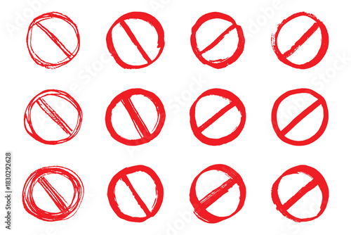Set of hand drawn prohibition sign No entry symbol Red circle with cross line clipart in doodle style Ban Restriction Forbidden stop Single element for print, web, design