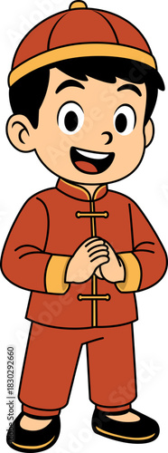 Cartoon boy in traditional outfit saying Gong Xi Fa Cai