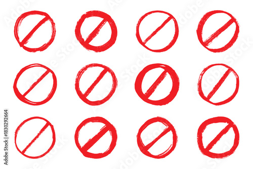 Set of hand drawn prohibition sign No entry symbol Red circle with cross line clipart in doodle style Ban Restriction Forbidden stop Single element for print, web, design