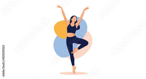 An illustration of a woman in athletic wear gracefully performing a balance pose, symbolizing wellness, mindfulness, and an active lifestyle.