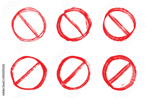 Set of hand drawn prohibition sign No entry symbol Red circle with cross line clipart in doodle style Ban Restriction Forbidden stop Single element for print, web, design