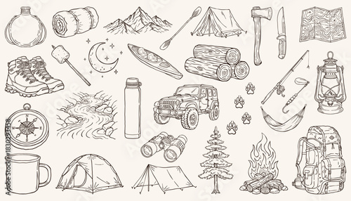Hand Drawn Camping and Outdoor Adventure Vector Clipart Bundle