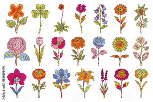 Colorful Flower Doodle Vector Set, Vintage Floral Line Art