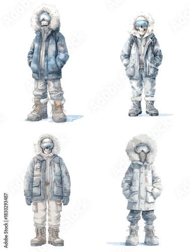 Set of winter explorers in heavy parkas boots and goggles, watercolor style arctic characters in cold weather clothing, snow adventure illustration on white background.