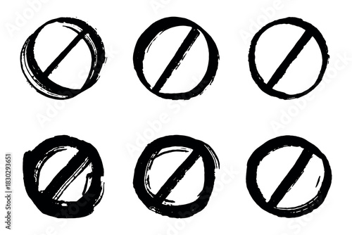 Set of hand drawn prohibition sign No entry symbol Black circle with cross line clipart in doodle style Ban Restriction Forbidden stop Single element for print, web, design