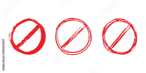 Set of hand drawn prohibition sign No entry symbol Red circle with cross line clipart in doodle style Ban Restriction Forbidden stop Single element for print, web, design