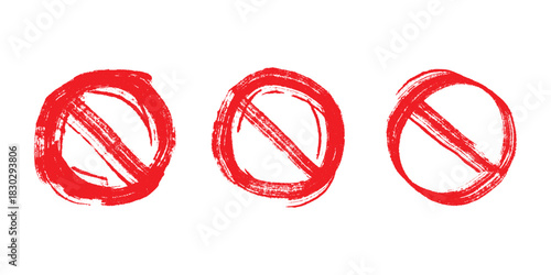 Set of hand drawn prohibition sign No entry symbol Red circle with cross line clipart in doodle style Ban Restriction Forbidden stop Single element for print, web, design