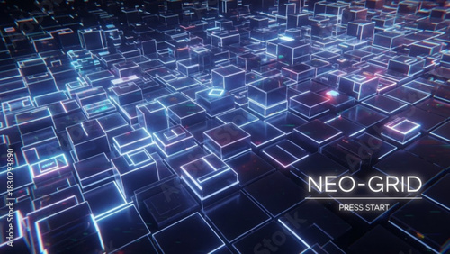 An abstract view of a futuristic city landscape with glowing neon outlines on the buildings