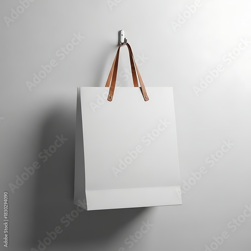 Blank Paper Shopping Bag Mockup Hanging on Wall for Brand Promotion and Design