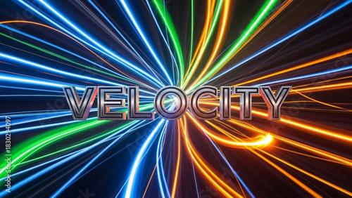 Velocity text with blue, green, and orange light streaks radiating outward from the center focus