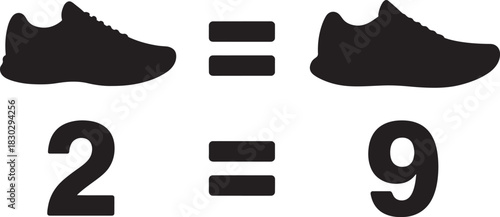 Silhouette of two sneakers and numbers two and nine with equals signs shoe footwear