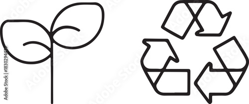 Simple line drawing of a sprouting plant and a recycling symbol seedling growth