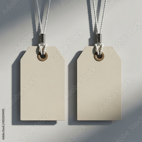Two Blank Rectangular Price Tags Hanging with Strings, Ready for Custom Text and Design