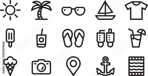 Summer Vacation Beach Holiday Icons Set Outline vector illustration