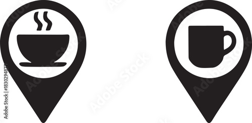 Two Location Pin Icons with Coffee Cup and Mug Symbols on White Background Keywords: location pin, map