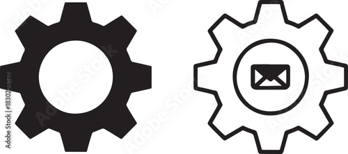 Two Gear Icons One Solid Black And One Outline With Envelope Inside cogwheel mechanism